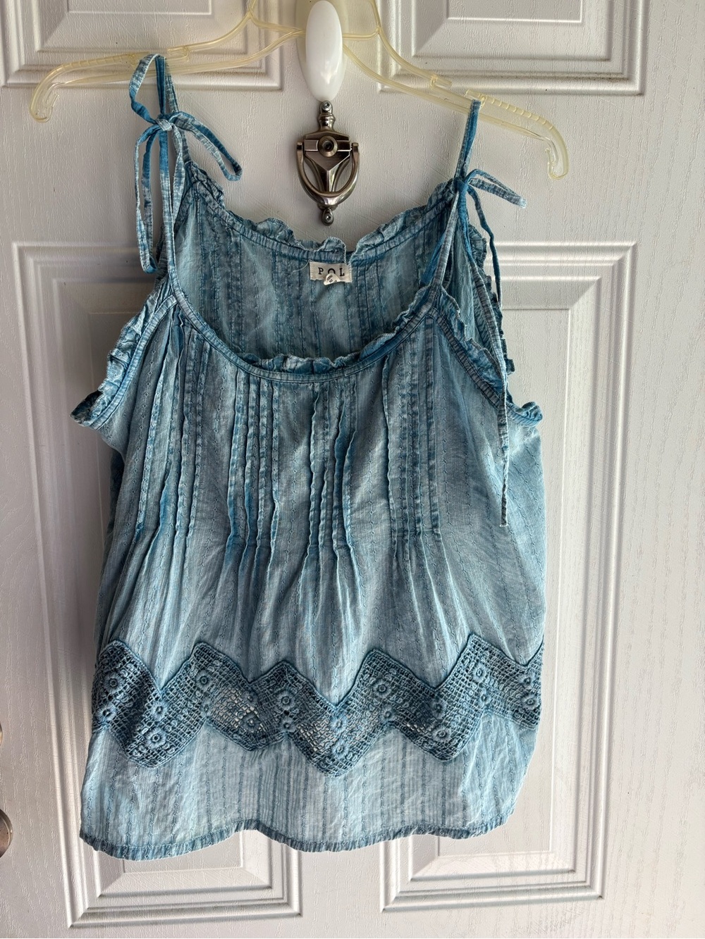 POL Light Blue Tie-Shoulder Embroidered Cotton Camisole